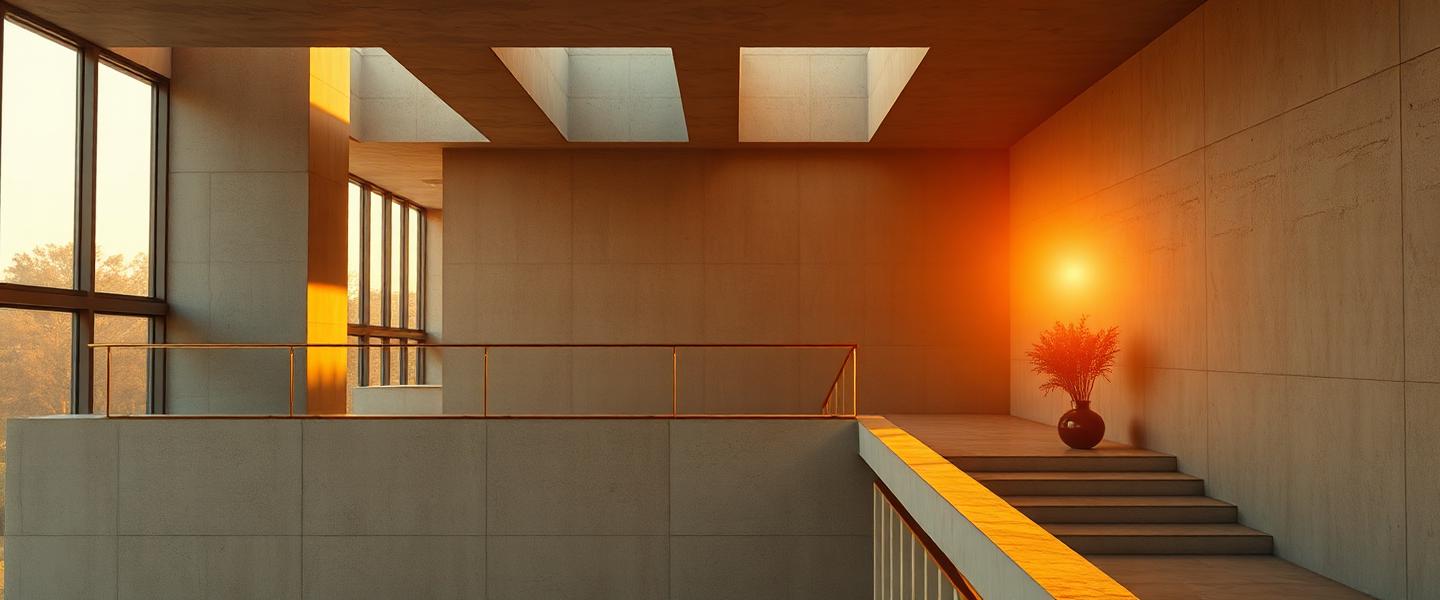 Warm sunrise light on the concrete and brass interior of a modern engineering office
